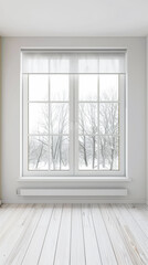 Property interiors composition with a big window providing natural lighting to a room with minimal furniture. Minimalist residential realty interiors.