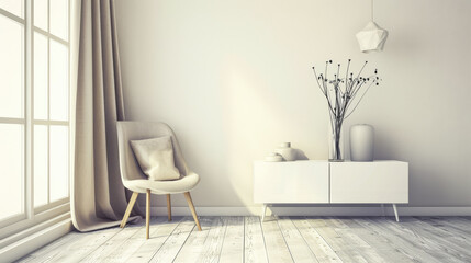 Property interiors composition with a big window providing natural lighting to a room with minimal furniture. Minimalist residential realty interiors.