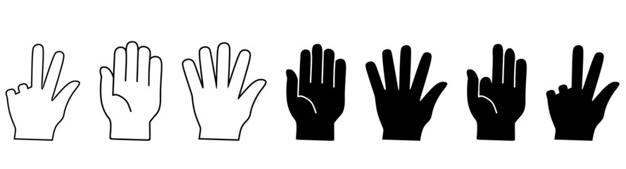 Fototapeta premium Palm hand icon set. Wave hands icon. Hand gesture sign. Hands icon symbol of greeting, goodbye, hello. Vector graphic design in outline round style for user interface and buttons.