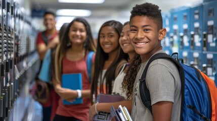 Diverse students smiling in school hallway