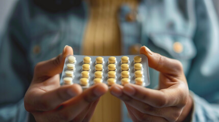Person holding a pack of pills, medication details, healthcare and wellness concept