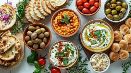 A vibrant and delicious Mediterranean spread featuring various dips, fresh vegetables, olives, and bread, perfect for a healthy meal or appetizer.