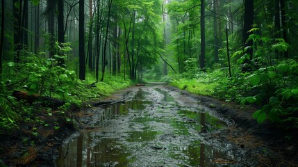 Fototapeta premium Rain-soaked forest trail with puddles.