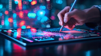 Fototapeta premium Businessman working on tablet with digital data and bokeh lights in the background