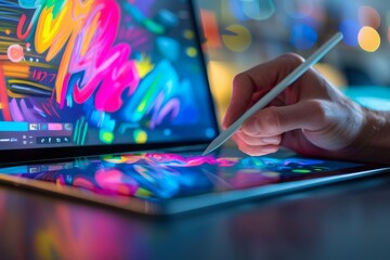 Hand Using Stylus On Tablet With Colorful Abstract Background