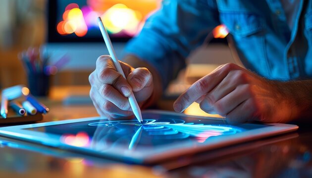 Closeup of Hands Using a Stylus on a Digital Tablet