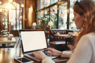 Elegant coffee shop with a businesswoman using a laptop, blank screen for ads.