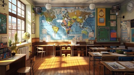 A classroom with a large world map and various educational posters on the walls