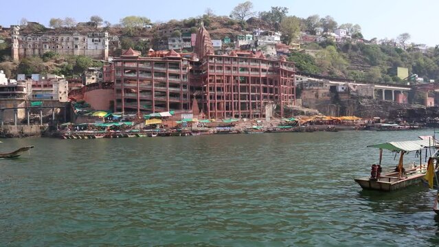 ancient hindu pilgrimage temple holy river bank at morning from different perspective