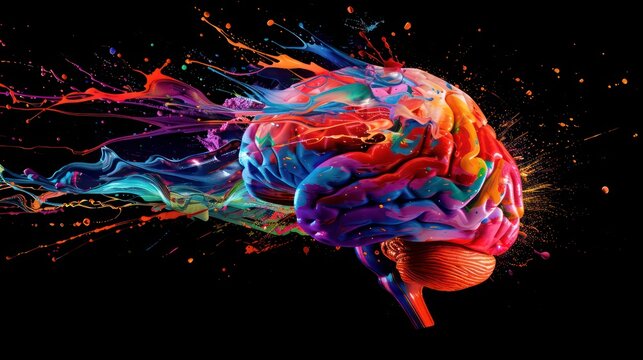 A creative depiction of an artistic brain exploding with colorful paints and splashes, representing a burst of ideas on a black background. Generative AI