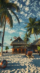 Exotic beach resort with a tiki bar, palm trees, and summer vacation activities set up in a 3D rendering