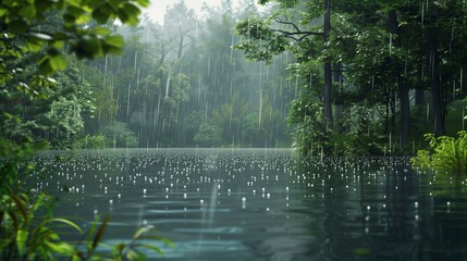 Obraz premium Rain falling on a peaceful forest lake.
