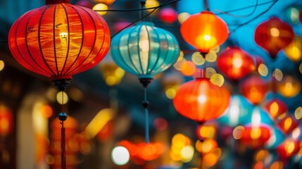 Colorful traditional lanterns lighting up the streets during a festive celebration in an ancient...