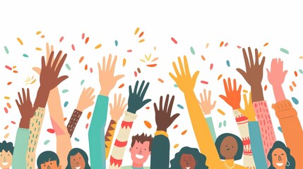 Diverse community unity: colorful open hands design symbolizing multiculturalism and togetherness, vector illustration of multiethnic people embracing diversity and inclusion