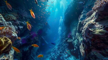 Fototapeta premium Snorkeler's perspective of a serene underwater canyon, with steep walls adorned with colorful sponges and darting fish.