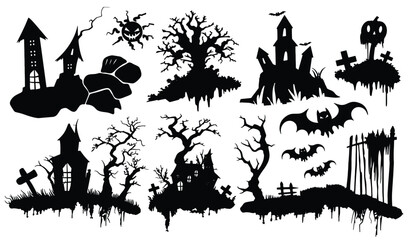 Set of 11 isolated Halloween decorations in silhouette illustration style of bat, haunted house and tree and graveyard on transparent background. Volume 3.