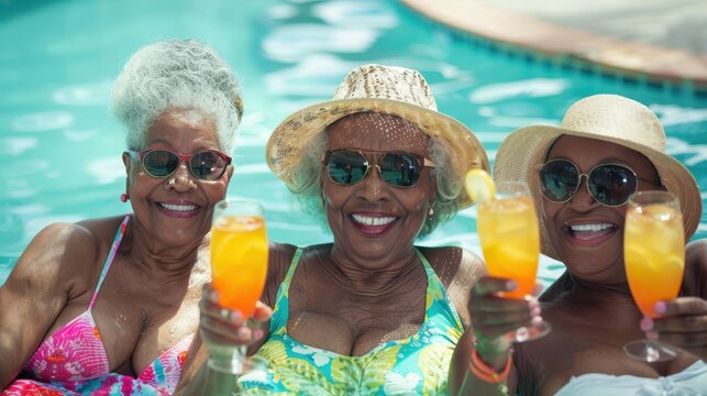 Three senior women in swimsuits and sunglasses toast with cocktails in a pool