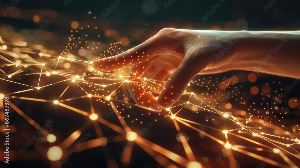 Poster a digital cyber era concept captured through the imagery of a human hand interacting with a web of g
