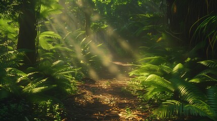 Sunlight filtering through dense ferns, creating a dappled pattern of light and shadow on a forest path.