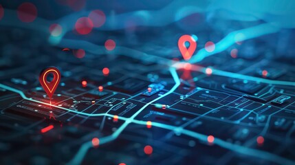 A digital map displaying a location with two pins set, representing AI technology in GPS, innovation in delivery services, and map location for future transport logistics