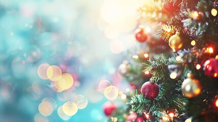 A Christmas tree with many red and gold ornaments background with copyspace