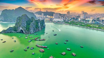 Aerial view of Ha Long cityscape at twilight period in Northern Vietnam. Urban development texture,...