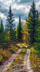 Gorgeous nature scene with autumn trees in green and yellow and a rustic off-road trail