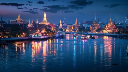 Obraz premium Nighttime view of illuminated temples and palaces casting reflections on the tranquil waters of a royal capital city.