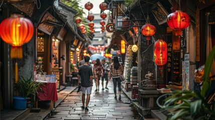 Pedestrians walking through narrow alleyways lined with traditional shophouses in a bustling ancient capital city.