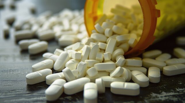 Macro view with copy space of spilled white ivermectin pills and tablets from a bottle