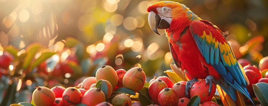 A colorful parrot perched on a tropical fruit, its feathers shimmering in the sunlight.