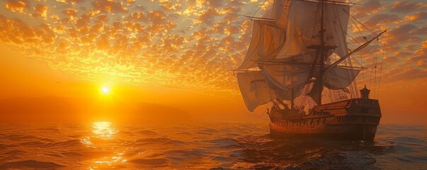An ancient ship against the backdrop of the setting sun.