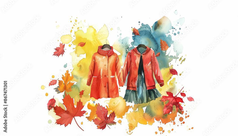 Wall mural a pair of blue denim jackets hanging on a clothesline with a fall leaf backgroun