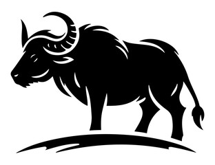 Obraz premium Bold black silhouette of a water buffalo standing on a slight hill, highlighting the animal's strong physique and presence in a minimalist design.