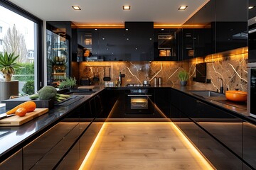 Modern Black Kitchen With Gold Accents and Large Windows