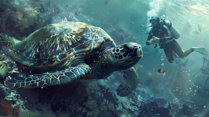 Fototapeta premium Underwater view of a diver swimming alongside a majestic sea turtle in a crystal-clear reef environment.