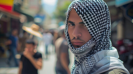 A Palestinian keffiyeh is a traditional headscarf that is usually white and black. It is often worn by men and women in the Middle East.