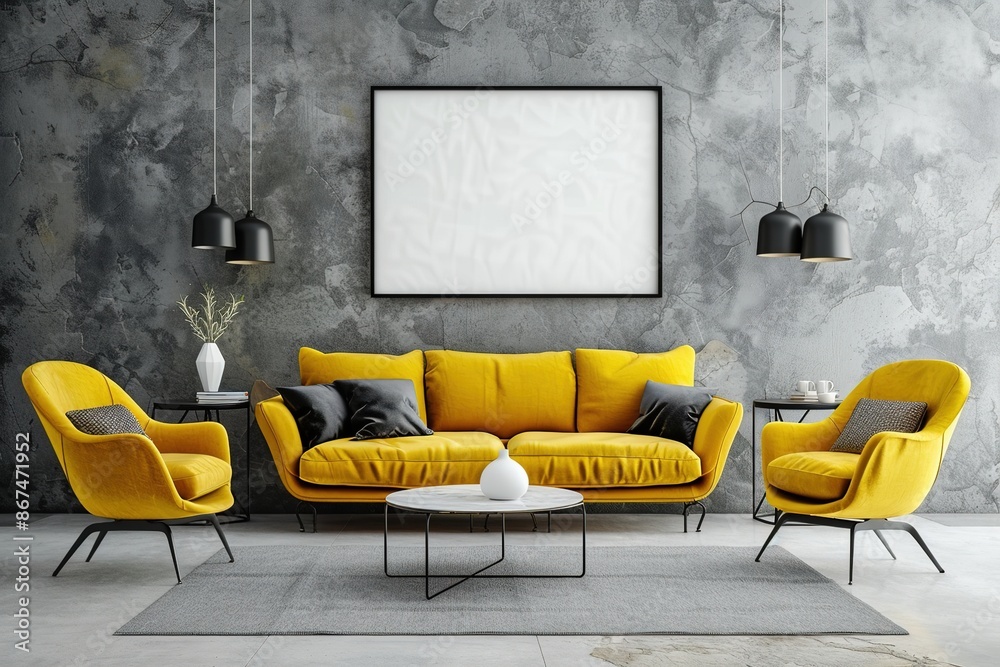 Sticker modern interior design. yellow sofa and armchairs in modern apartment interior with poster on gray w