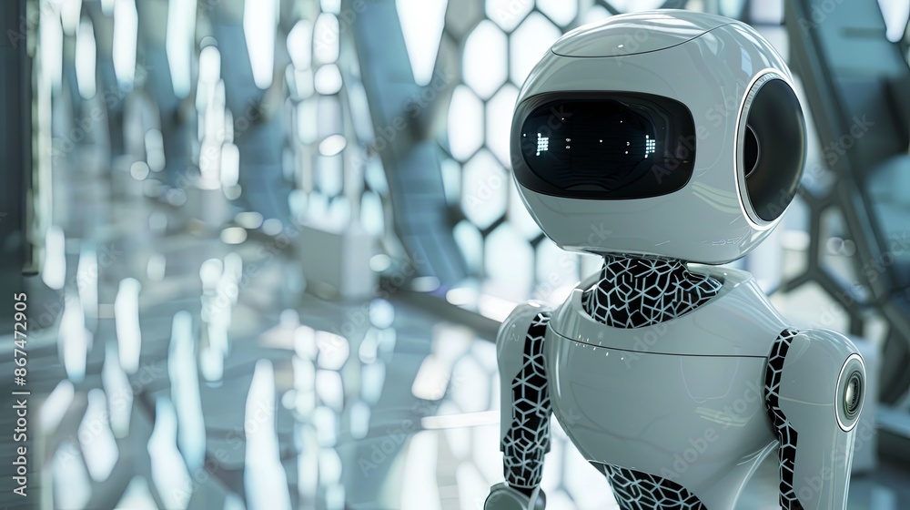 Poster futuristic white robot professor in a science lab