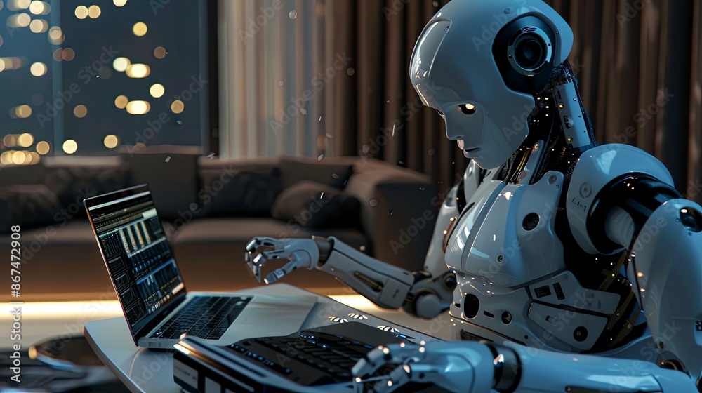 Poster humanoid robot working composing music on a laptop in a modern apartment at night