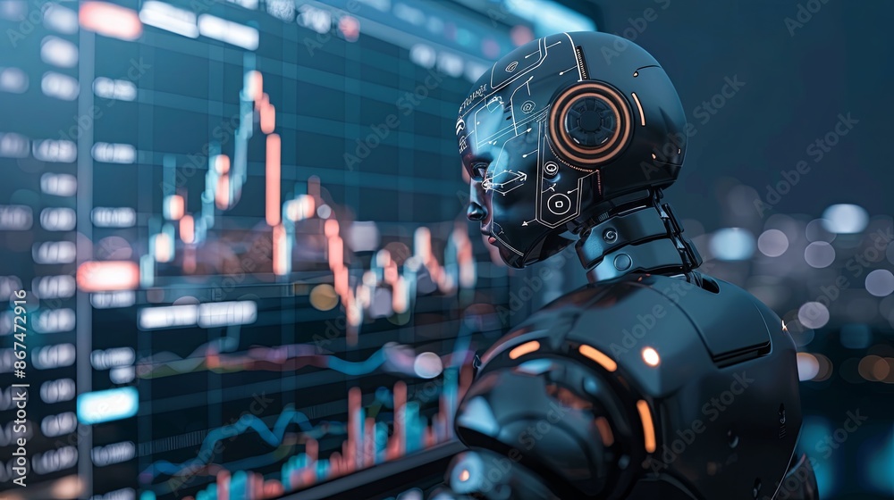 Aufkleber artificial intelligence robot analyzing stock market data at night