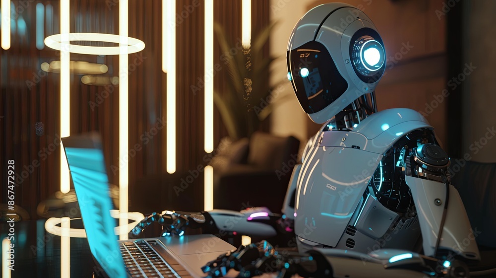 Poster lifelike humanoid robot working on a laptop in a modern studio