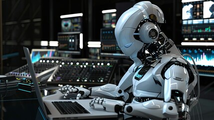 Fototapeta premium Humanoid Robot Composing Music On A Laptop In A Modern Studio
