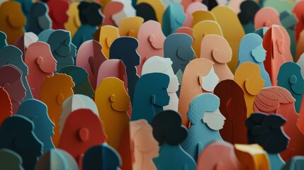 Large crowd of diverse people in vibrant paper cut-out style illustrating multicultural unity and inclusion


