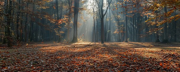 A peaceful forest clearing, with sunlight streaming through the trees and illuminating a carpet of fallen leaves on the forest floor.