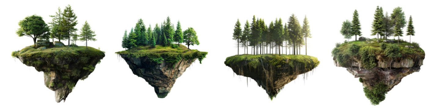 Floating islands with trees and greenery fantasy landscape transparent background