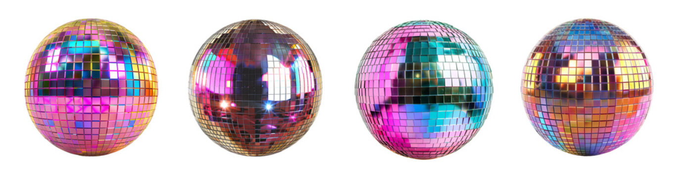 Shiny disco balls with colorful reflections party decoration transparent background