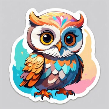 recommend clip art: Sticker of an adorable baby owl in 3D cartoon style with dynamic colors, isolated on a simple background.