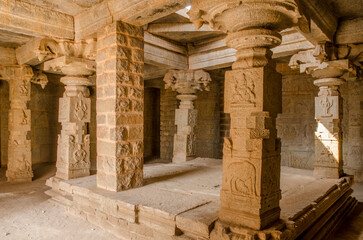 Decorative pillars and walls of Hazara Rama temple, Ancient architecture, Unesco world heritage site, Hampi, Karnataka, India, Asia.