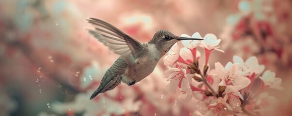 Obraz premium A tiny hummingbird hovering in front of a flower, its wings beating so fast they are almost invisible.
